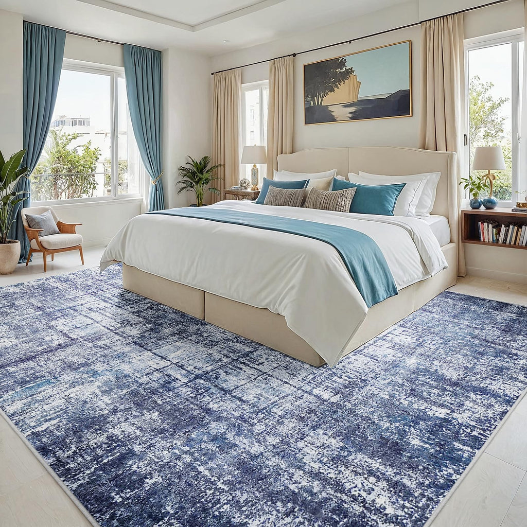 9x12 Washable Area Rug for Living Room Bedroom: Non-Slip Modern Navy Blue