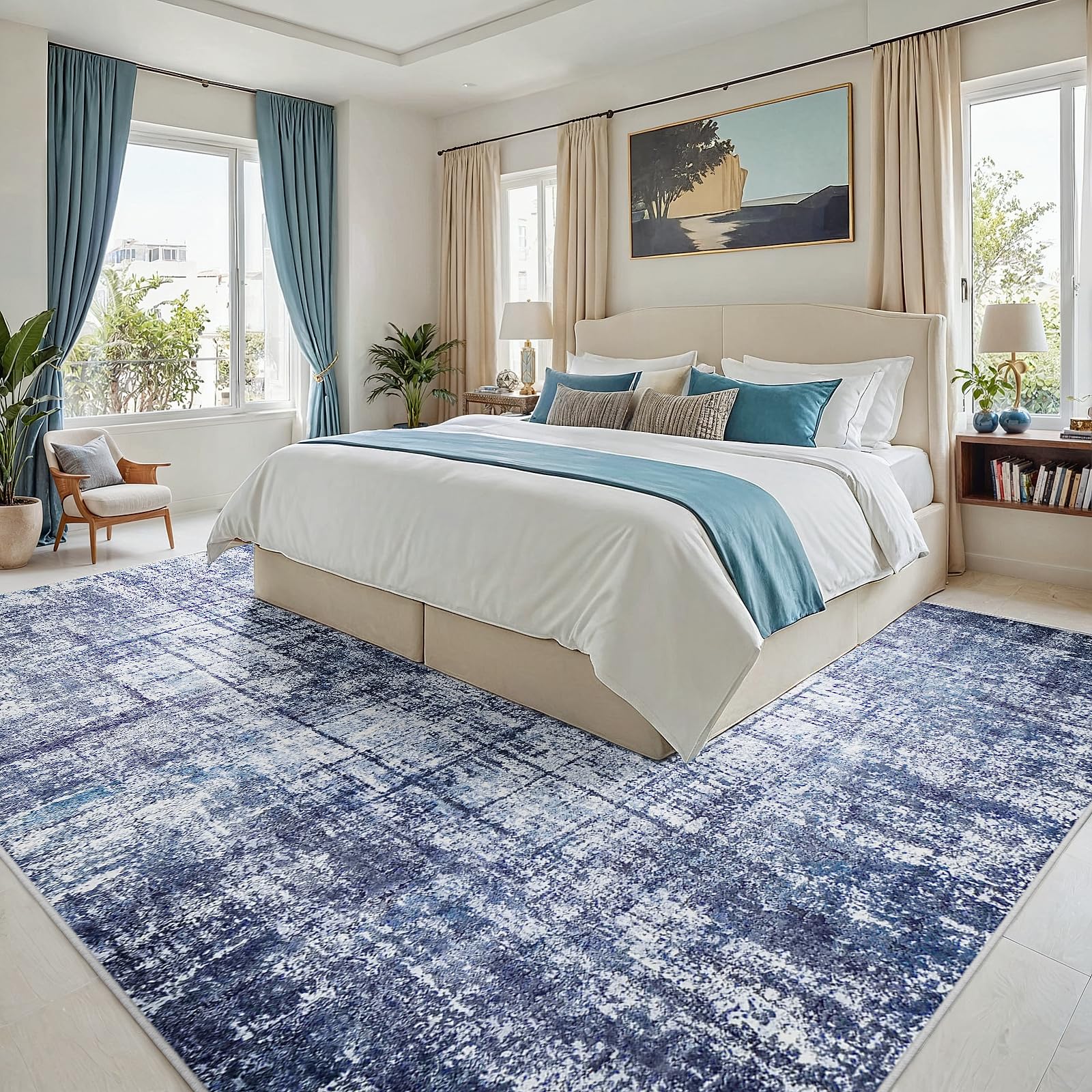 8x10 Washable Area Rug for Living Room Bedroom: Non-Slip Modern Navy Blue