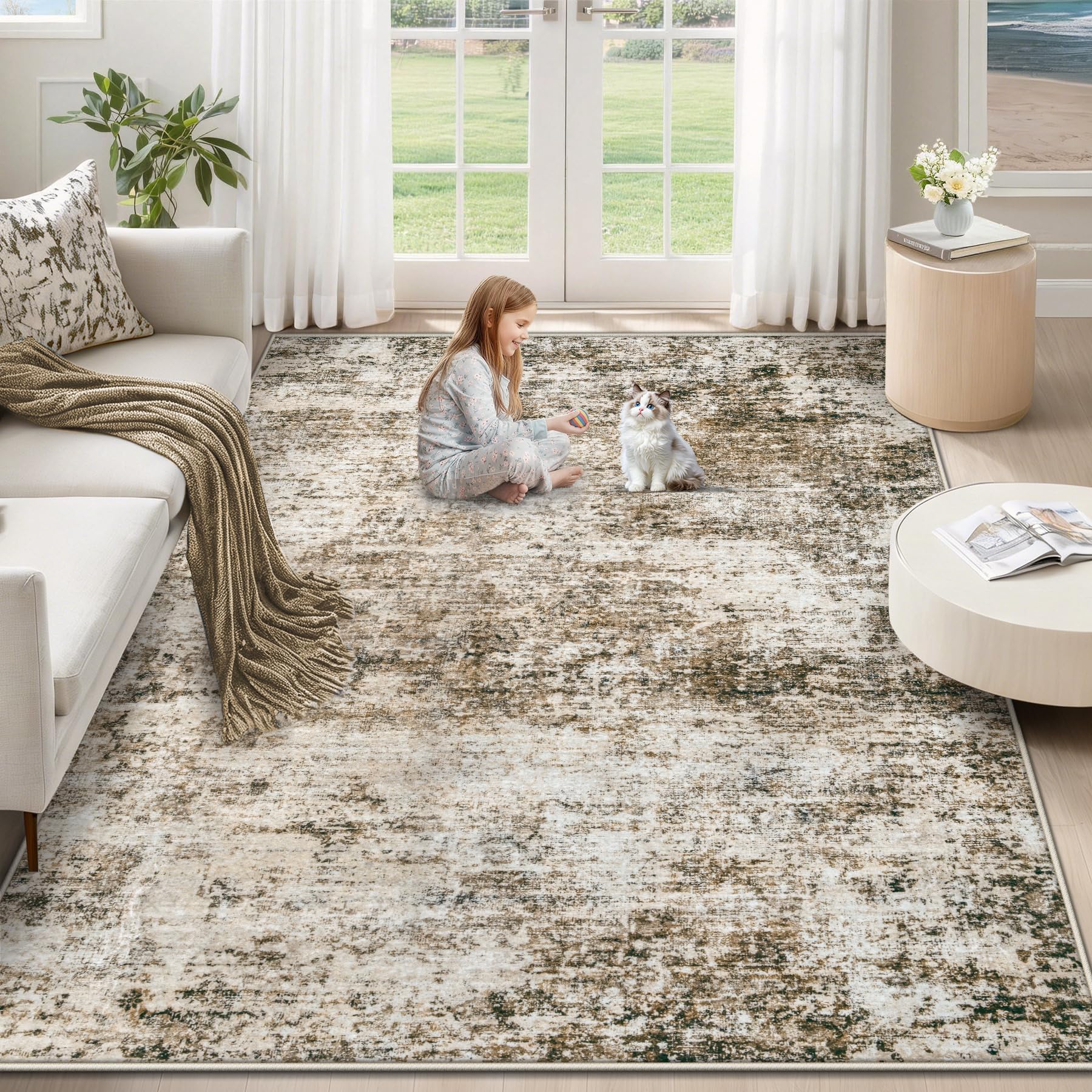 XLUEZ 5x7 Area Rugs for Living Room, Washable Modern Abstract Large Area Rug Neutral Soft Non Slip Kids Rug Stain Resistant Indoor Carpet for Bedroom Nursery Dining Room Playroom(Brown, 5'x7')