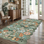 4x8 Washable Area Rug for Family: Stain Resistant Wide Floral Scalloped Kitchen Rug Soft Carpet for Entryway Bathroom Bedroom Farmhouse Living Room Floor Mat with Non Slip Backing(4x8, Floral/Green)