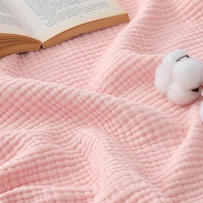 Bedsure 100% Cotton Muslin Blankets for Adults Large Throw 50x70 Inches - 4-Layer Breathable and Lightweight, Soft Boho Gauze Muslin Cotton Blanket for Couch Decor Travel Summer, Pink