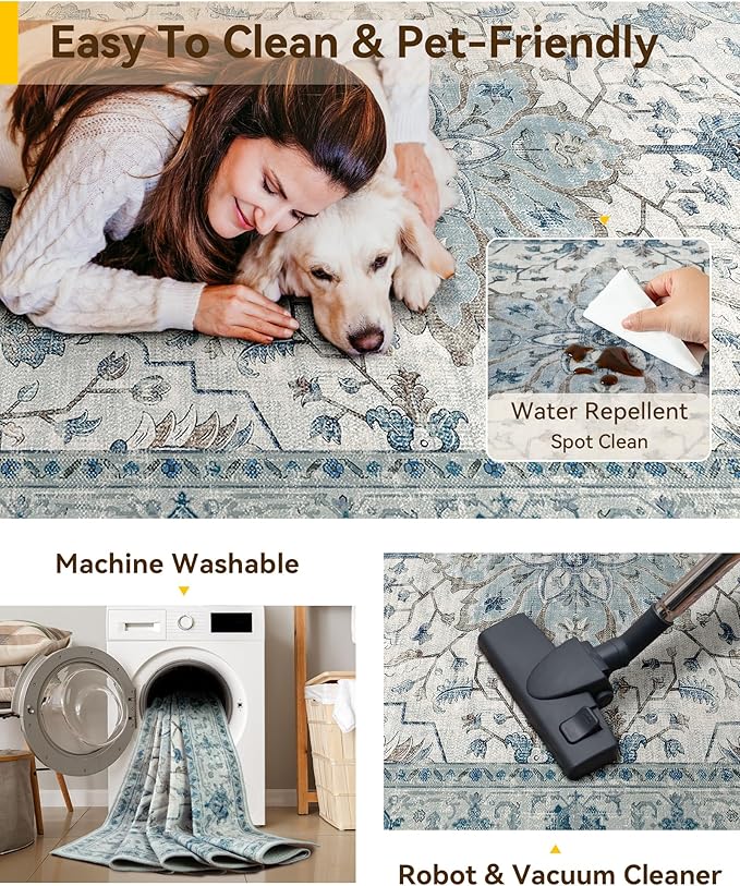RELEANY Washable Area Rug, Runner 3'x7', Blue/White/Gray
