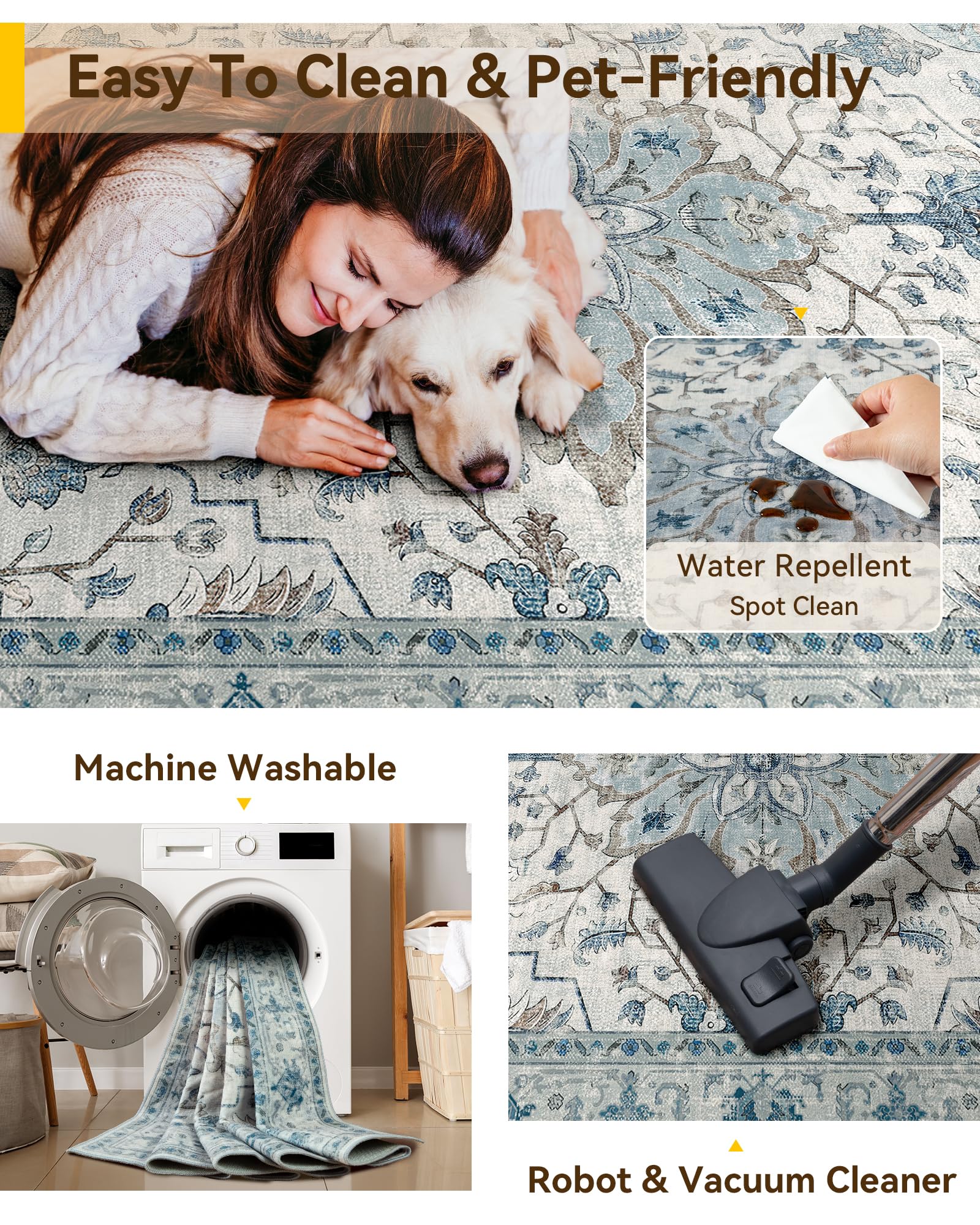 RELEANY Washable Area Rug, Runner 2'x10', Blue/White/Gray