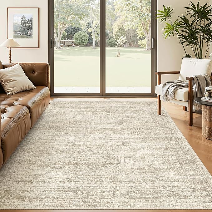 Soalmost 5x8 Area Rugs Beige Low Pile Washable Trendy Faded Style Rug