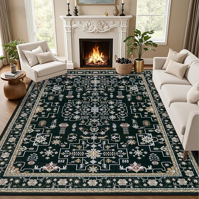 ExpediX 10x14 Area Rugs Living Room: Washable Vintage Rug for Bedroom Black