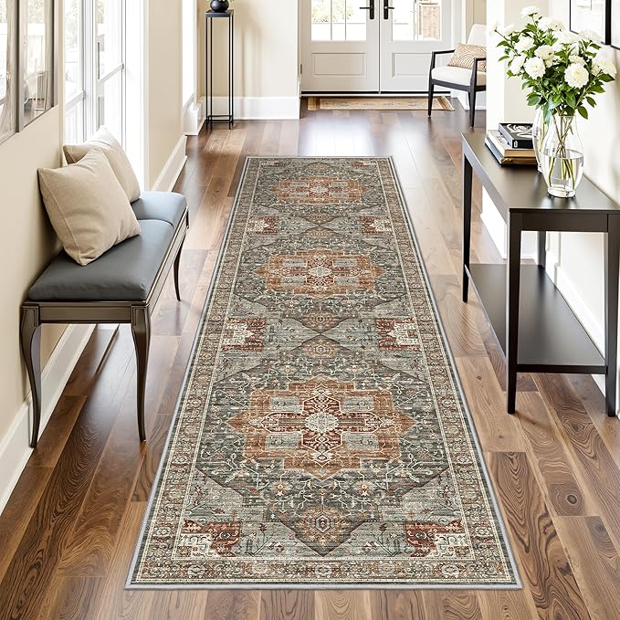 Restydon Runner Rug 2x8 Runners for Hallways Washable Rugs, Grey/Brown/Tan