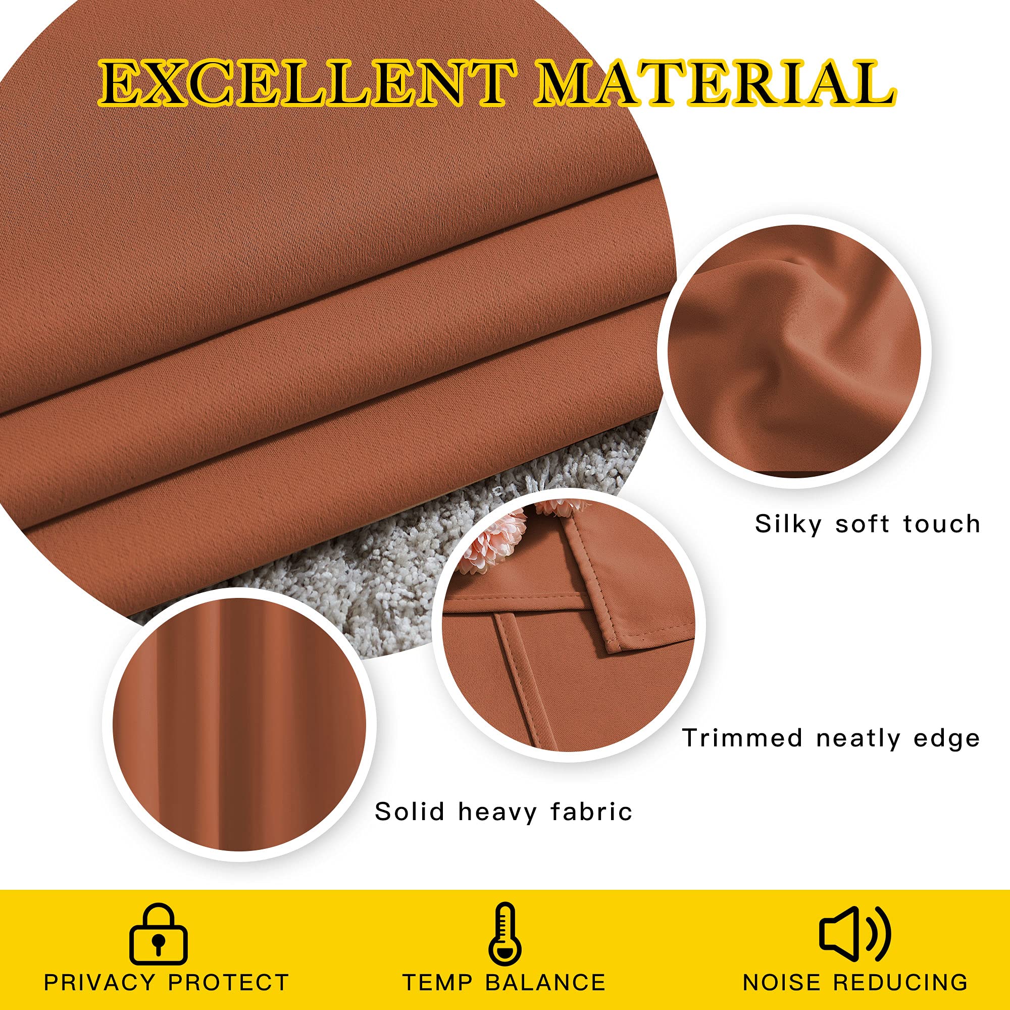NICETOWN Half Window Curtains for Bedroom - Grommet Modern Thermal Insulated Blackout Window Drapes Sound Reducing for Nursery/Kitchen, Burnt Orange, W52 x L54, Set of 2