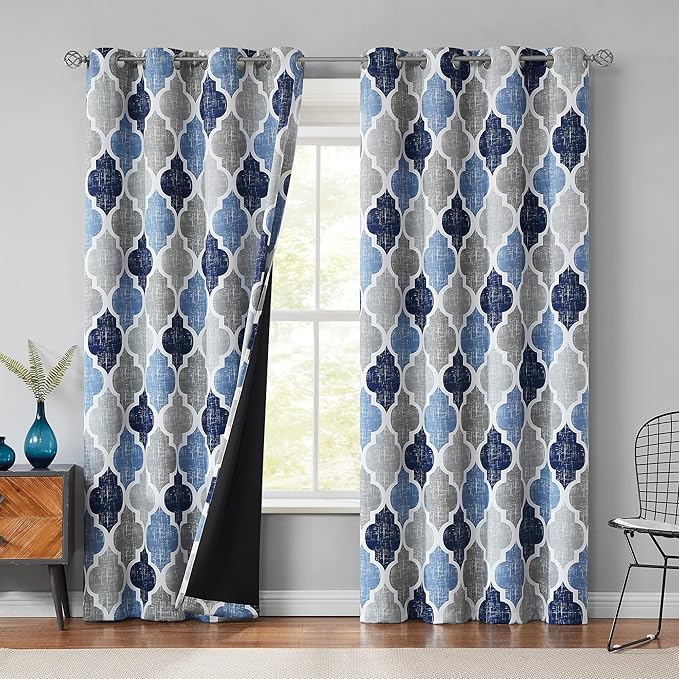 Beauoop Moroccan 100% Blackout Curtains Bedroom Blue Grey 50x84 2 Panels