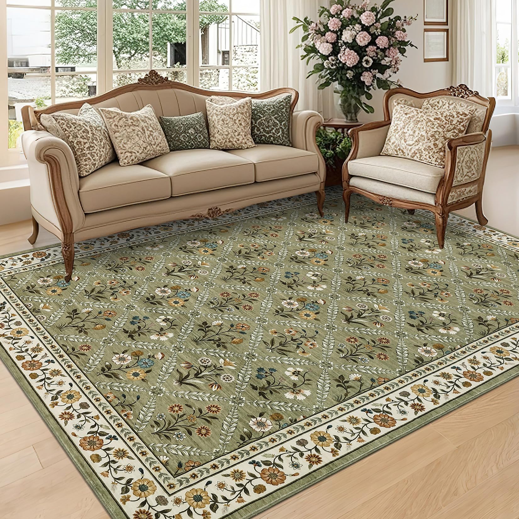 GarveeHome Large Entryway Rug 3x5 Floral Washable Area Rugs Vintage Soft Non-Slip Small Floor Carpet Doormat Stain Resistant Low-Pile Ultra-Thin Entry Mat for Bedside Kitchen Green