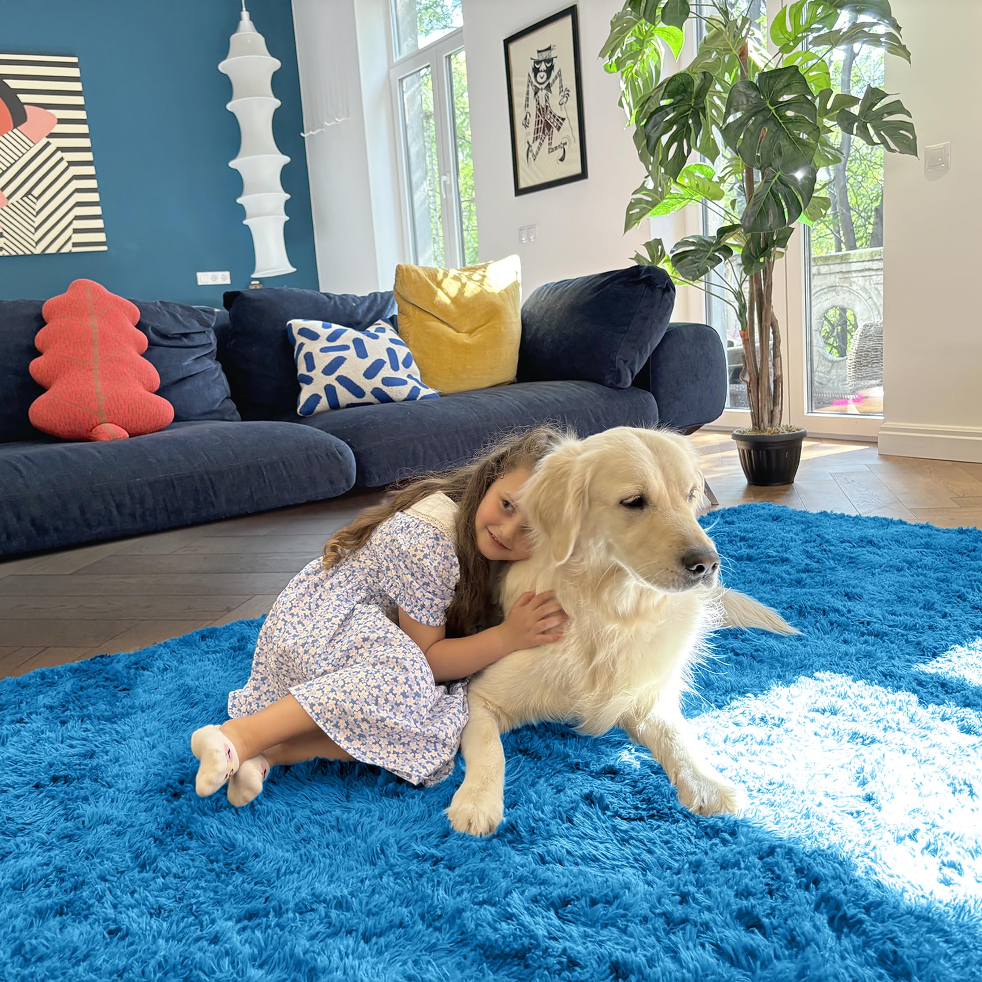 OLANLY 5x8 Machine Washable Large Area Rugs for Living Room, Bedroom, Soft Fluffy Shaggy Bedside Rug, Indoor Floor Carpet for Kids Girls and Boys, Dorms, Nursery, Home Decor Aesthetic, Bright Blue