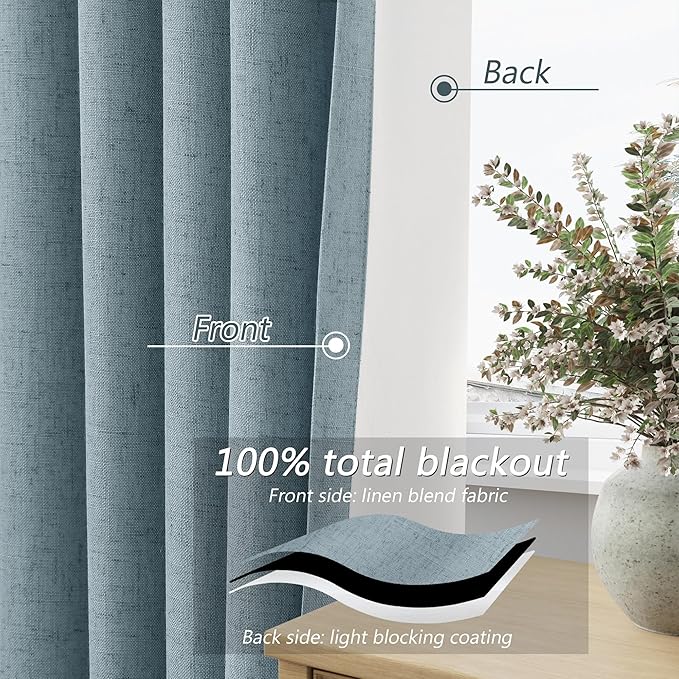 Guken Blue 100% Blackout Linen Curtains 84 Inch Length 2 Panels Set for Living Room Bedroom Back Tab Thermal Insulated Black Out Drapes Room Darkening Window Curtains 84 Inches Long Dusty Blue