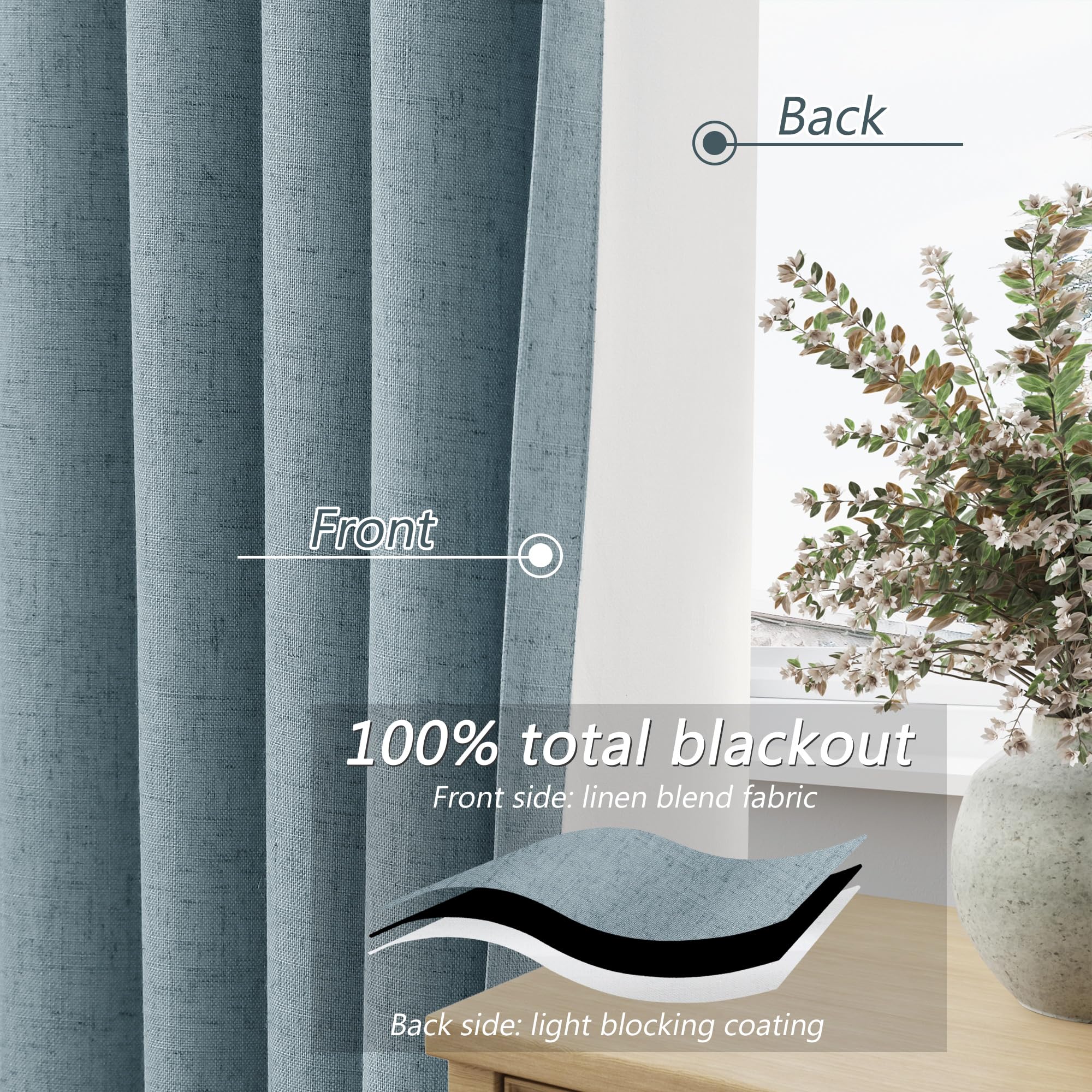 Guken Blue 100% Blackout Linen Curtains 132 Inch Length 2 Panels Set for Living Room Bedroom Back Tab Thermal Insulated Black Out Drapes Room Darkening Farmhouse Window Curtains Dusty Blue 52x132