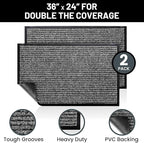 Sierra Concepts Front Door Mat Welcome Floor Mats - Entryway Indoor Outdoor Entrance Doormat, Patio, Porch, Muddy Shoe, Inside Outside Low Profile, Large 36x24 inches, 2-Pack Gray