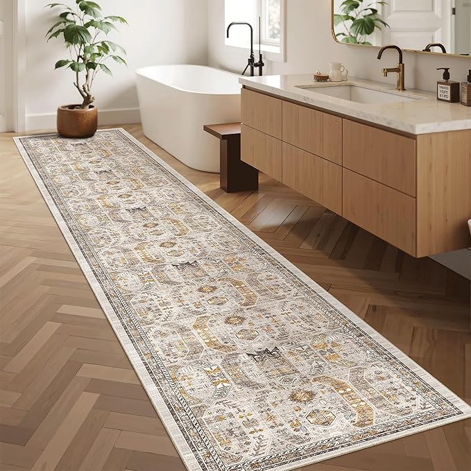 Madane Washable Runner Rugs 2x12 Long for Hallway Kitchen Soft, Brown/Gold