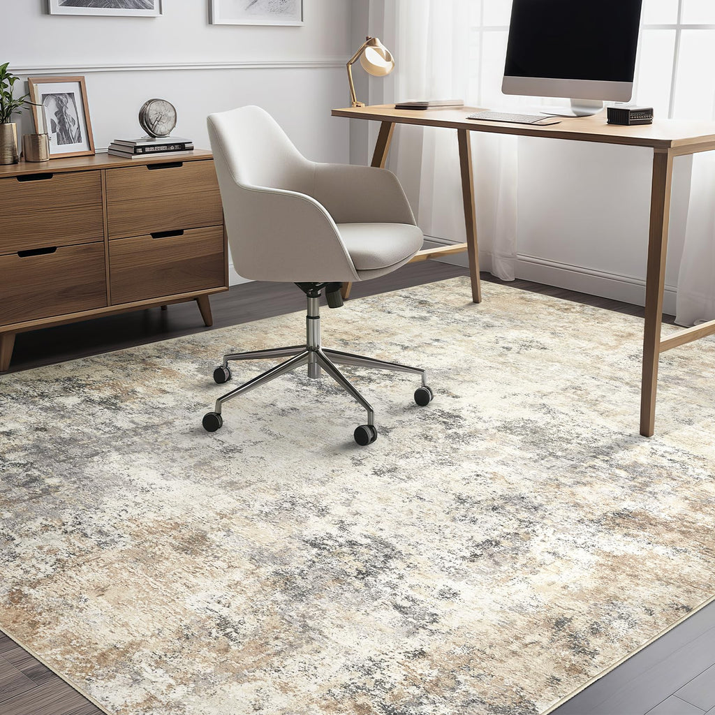 UERMEI 7x9 Area Rug Living Room Rugs - Washable Neutral Modern Abstract Soft Thin Large Rug Indoor Floor No Slip Rug Carpet for Bedroom Under Dining Table Home Office Decor - Golden Grey