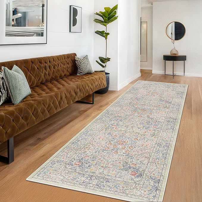 Washable 3x20 Wide Hallway Runner Rug - Beige Blue Ultra Soft Extra Long Runner Non Slip, Low Pile Stain Resistant Boho Pastel Rug for Large Kitchen, Entryway