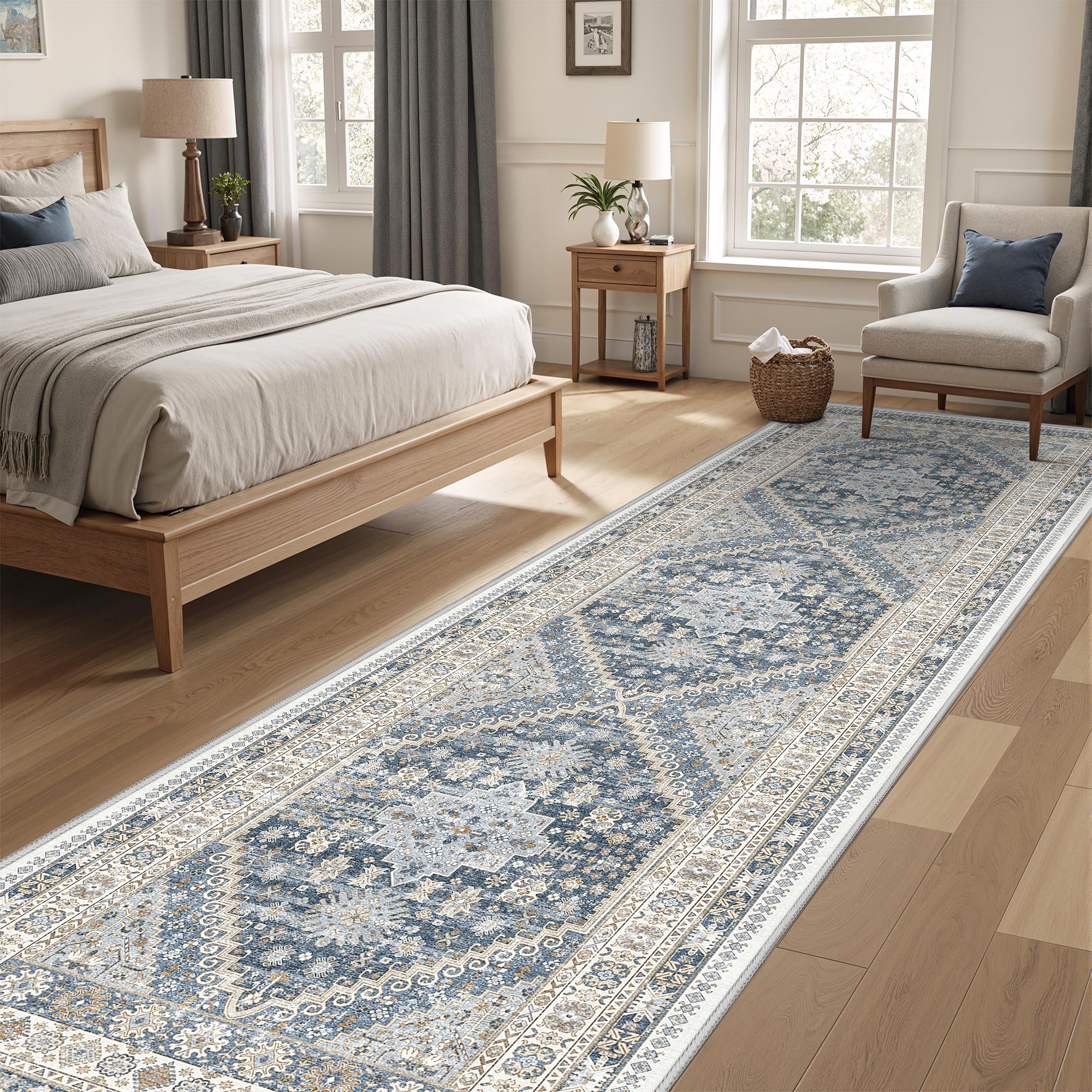 Restydon 3x10 Runner Rug Non Slip Washable Hallway Runner, Blue/Beige