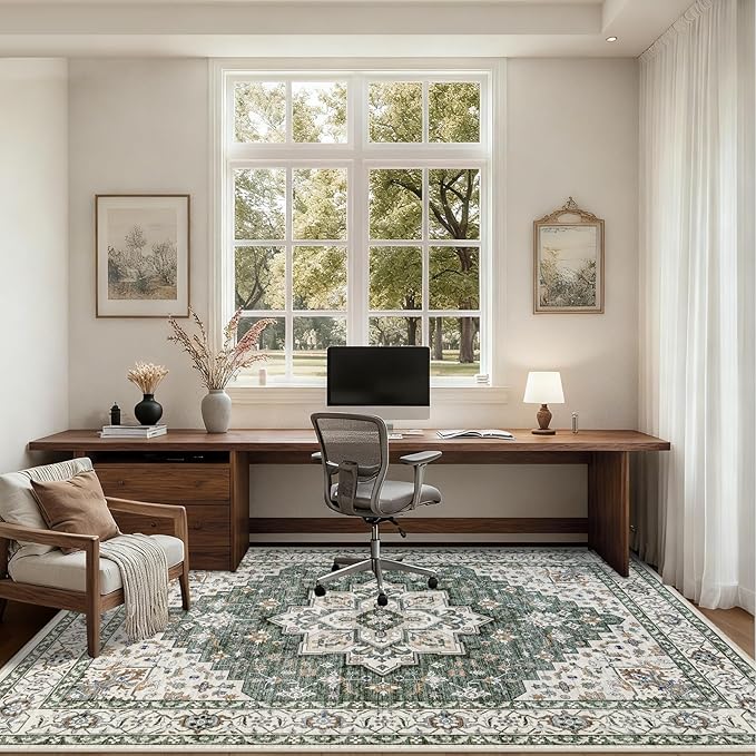 ExpediX 6x9 Area Rugs Living Room: Washable Rug for Bedroom Green Ivory
