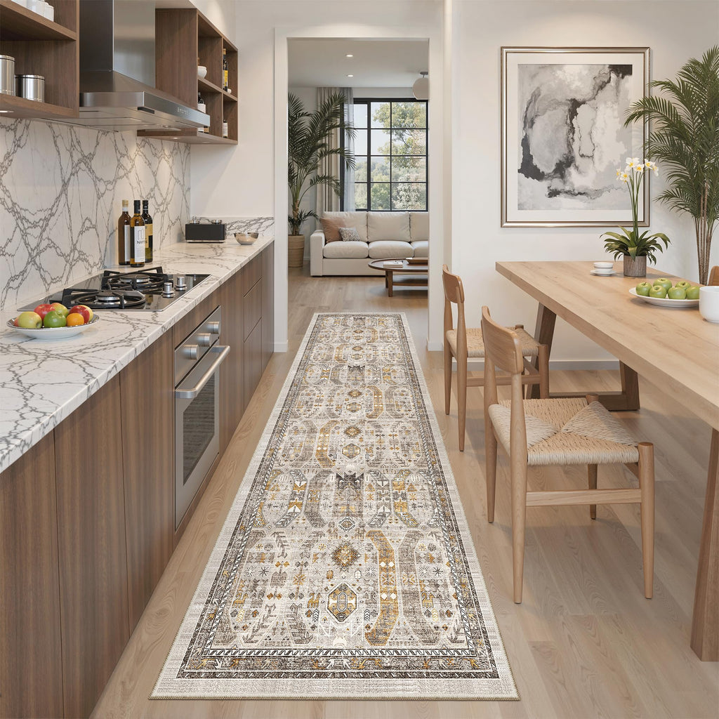 Madane Kitchen Runner Rug 2x7 with Rubber Backing Non Slip, Brown/Gold