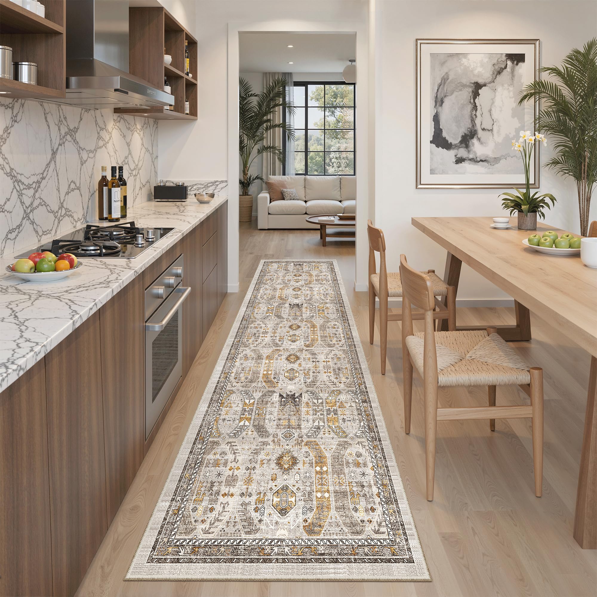 Madane Kitchen Runner Rug 2x7 with Rubber Backing Non Slip, Brown/Gold