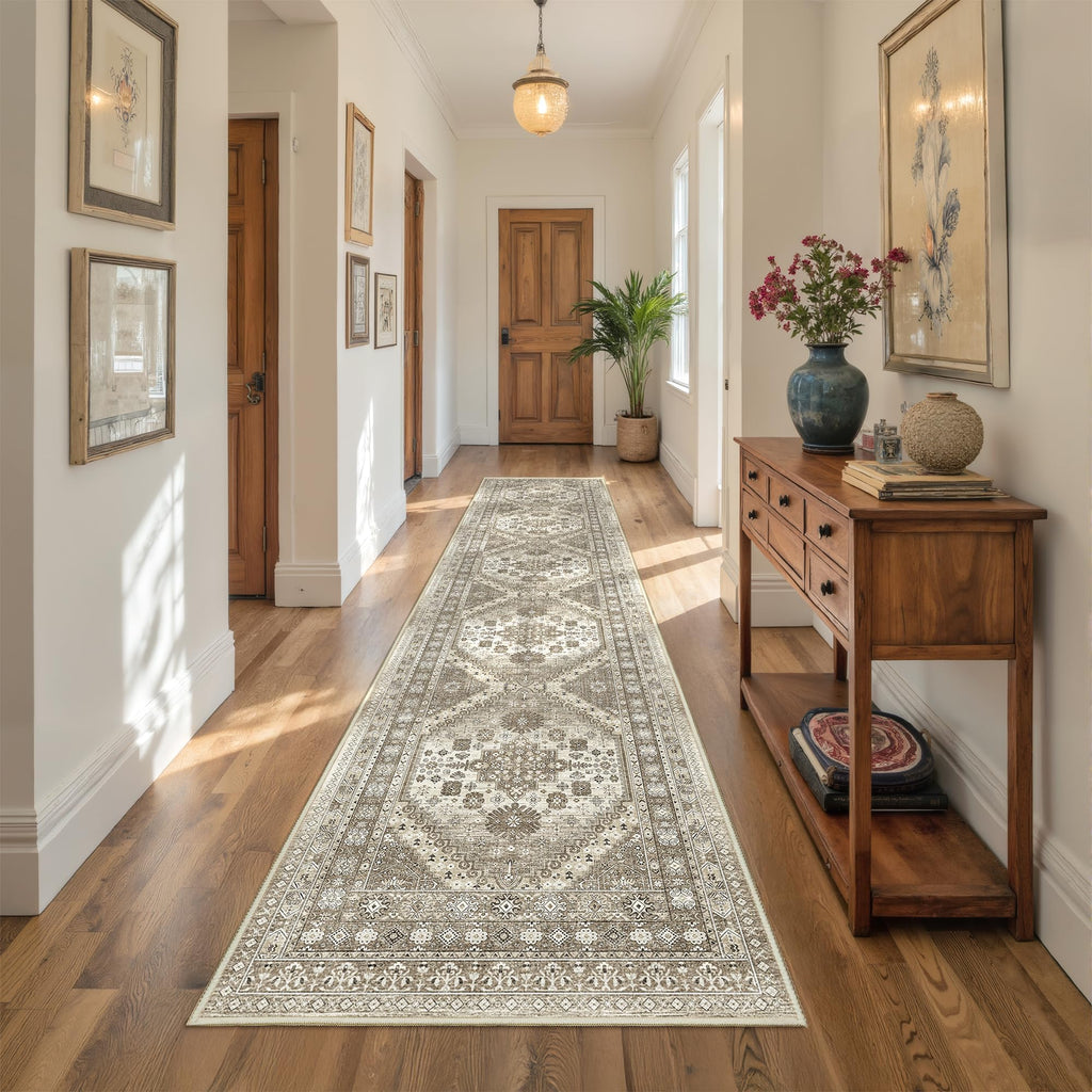 Restydon Runners for Hallway 12ft, Non-Slip Long Bathroom Rugs, Brown