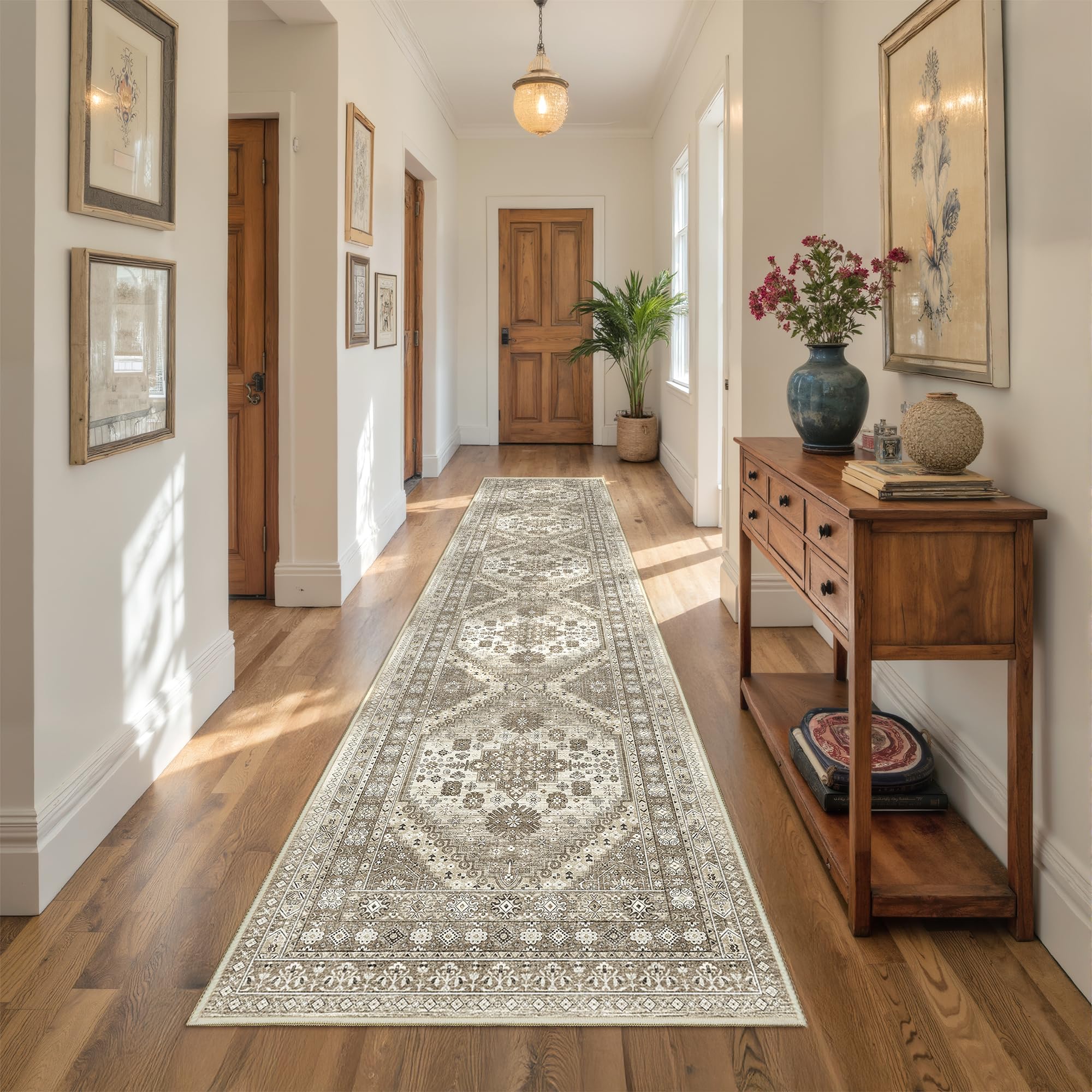 Restydon Runners for Hallway 12ft, Non-Slip Long Bathroom Rugs, Brown