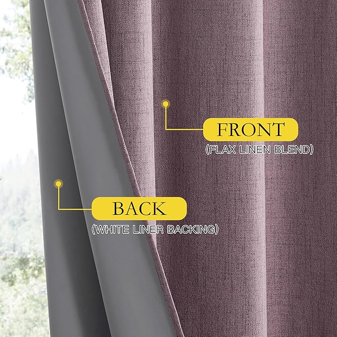 NICETOWN Chaise Mauve Vintage Linen 100% Blackout Curtains for Living Room, Thermal Insulated Curtains 120" Long, Noise Reducing Window Treatment Drapes for Hall Room, 52" Wide Per Panel, Set of 2