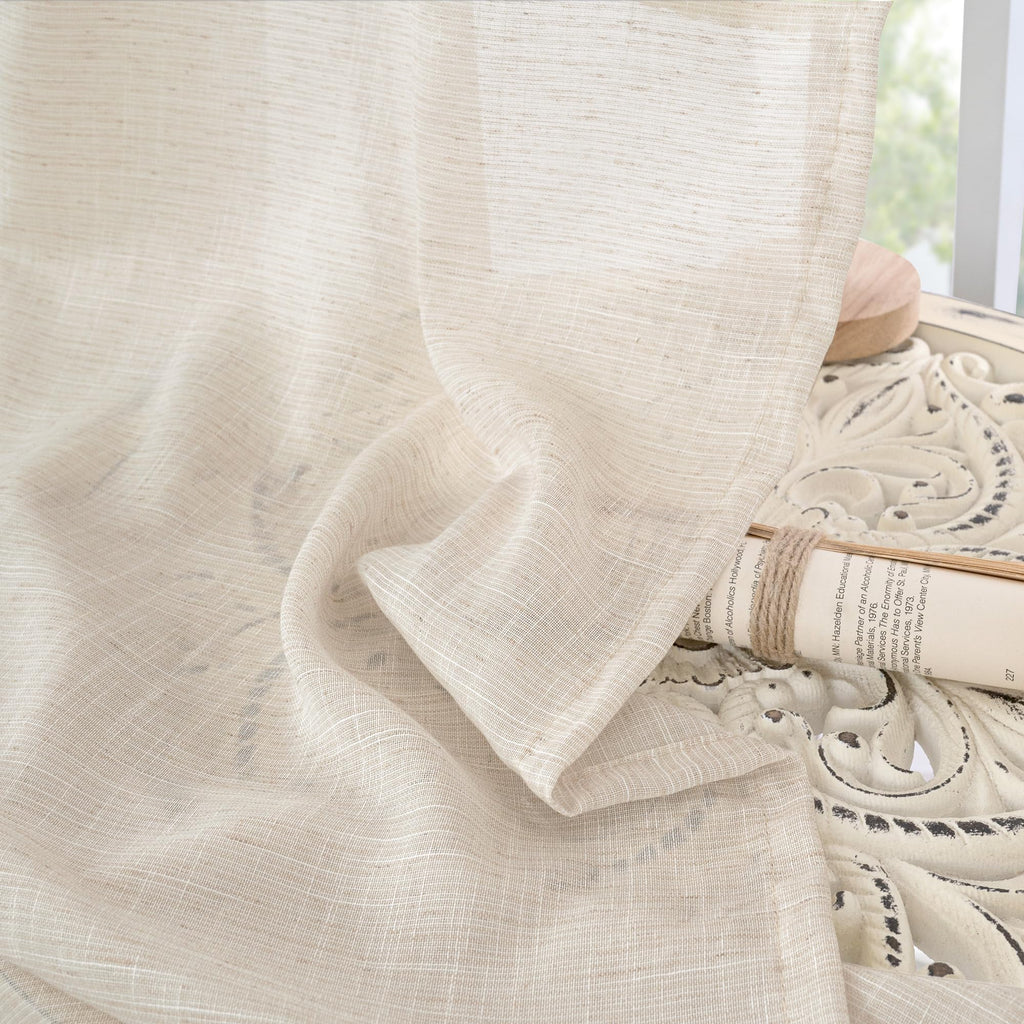BGment Linen Oatmeal Curtains 45 Inch Length for Short Window - Rod Pocket Textured Drapes Light Filtering Sheer for Bedroom Living Room Lightweight Natural Rustic, 2 Panels Set, 42 X 45 Inch