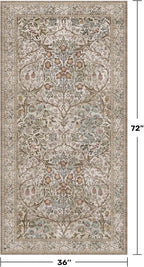 Vintage Moss Green 3x6 Area Rugs for Large Entryway, Bedroom Beside Rug, Kitchen, Non-Slip Low Pile Ultra Soft Stain Resistant Small Floral Neutral Carpet