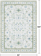 Hazo Haus Blue and Green Living Room Rug 7x10 - Cream Oushak Vintage Boho Floral Farmhouse, Washable Low Pile Non-Slip Extra Large Area Rugs for Bedroom, Kids, Lounge