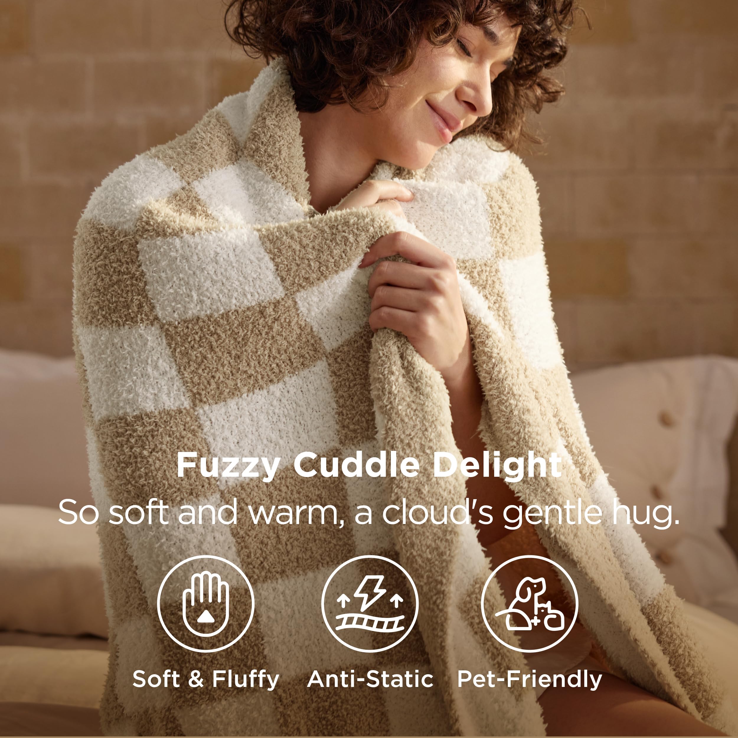 Bedsure Beige Fall Throw Blanket for Couch, Cozy Soft Checkered Blanket, Lightweight Warm Knit Fluffy Throw Blankets for Bed Sofa, Camping, Picnic, Travel, Gifts for Women Men, 50x60 Inches