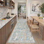 Madane Runner Rug 2'6''x8' Kitchen Runner, Hallway Runner Printed Vintage Washable Rugs Soft Non-Slip Low Pile Runners for Hallways Laundry Room Distressed Carpet, Blue/Gold