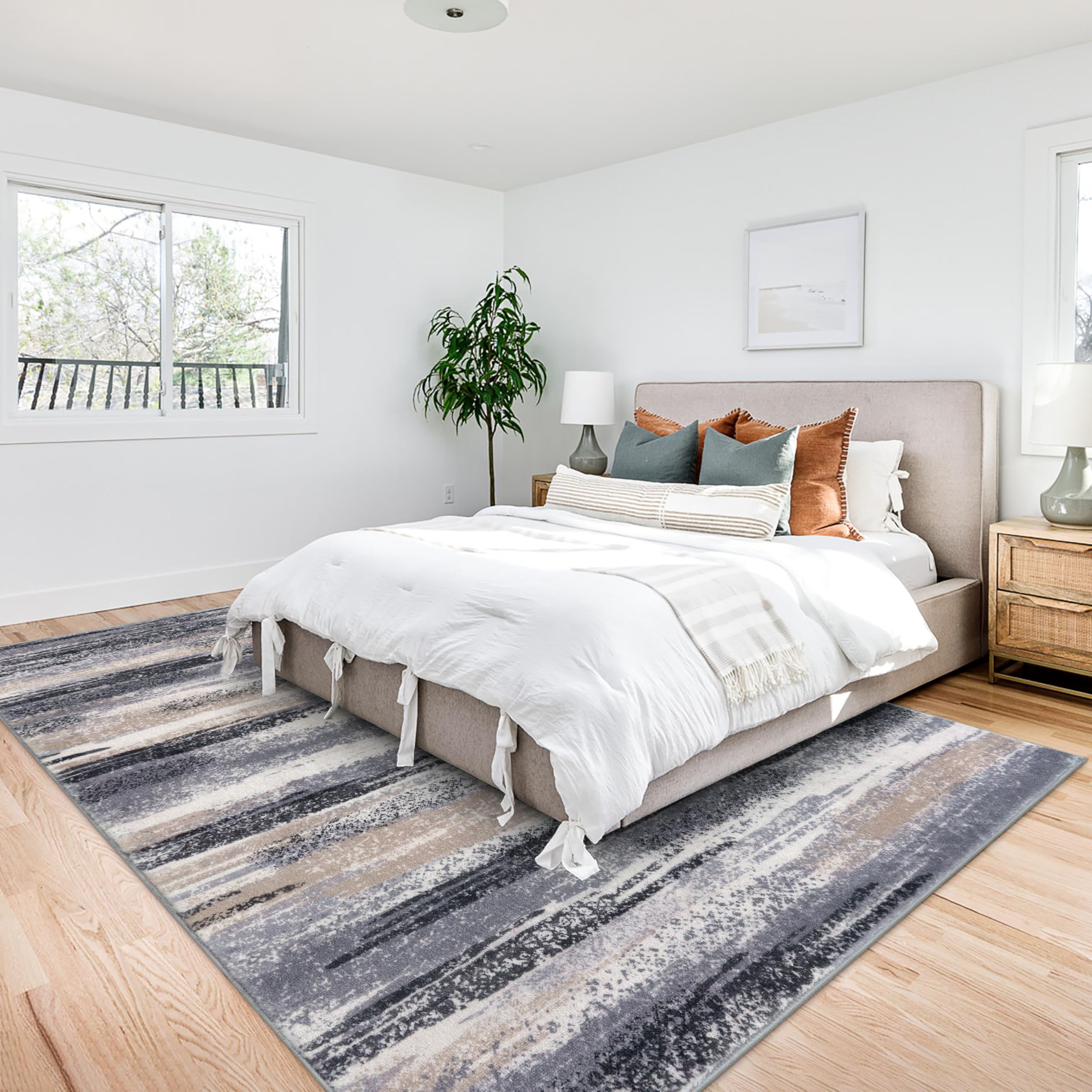 Lansny Modern Abstract 9x12 Large Machine Washable Living Room Rug Non-Slip Soft Bedroom Area Rug Grey Black Multi Ultra Thin Print Faux Wool Carpet Throw Rugs for Nursery Playroom Dining Room Indoor