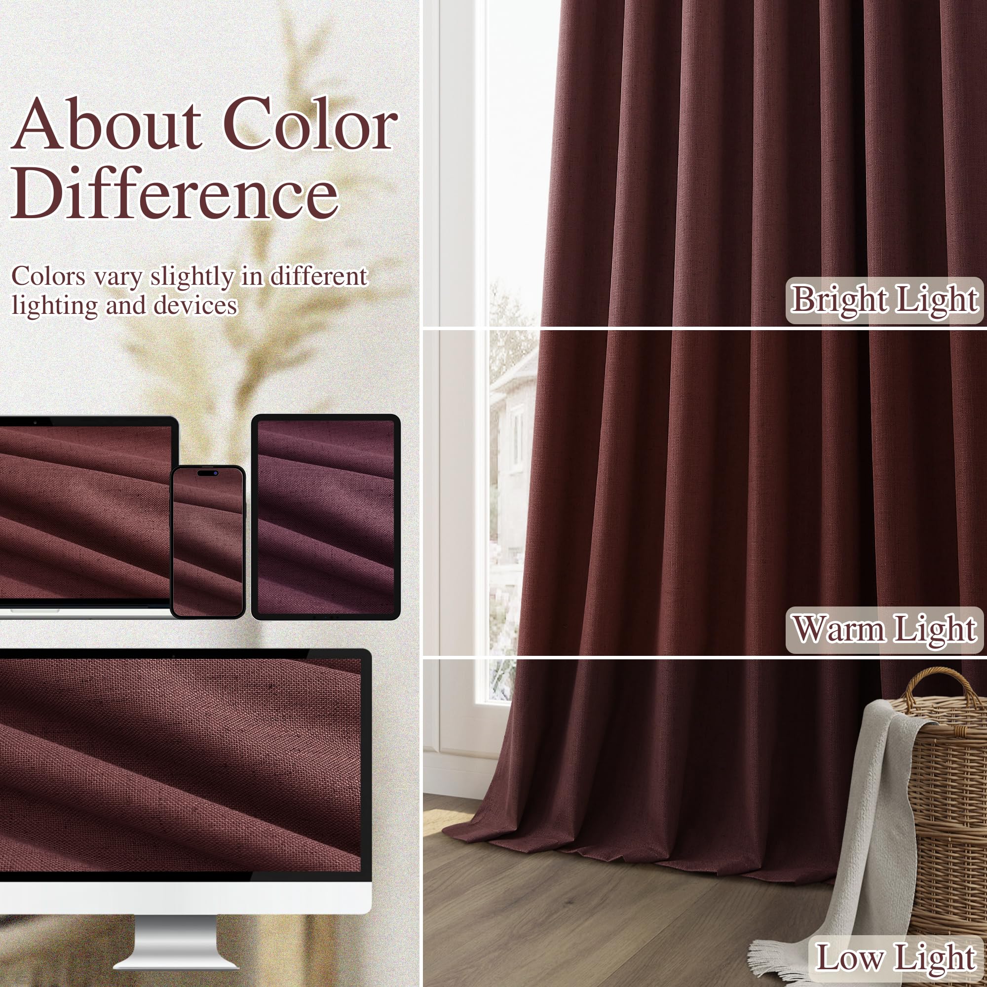 Guken 100% Blackout Curtains 90 Inch Length 2 Panels Set for Living Room Bedroom Back Tab Thermal Insulated Black Out Linen Drapes Room Darkening Reddish Brown,52x90