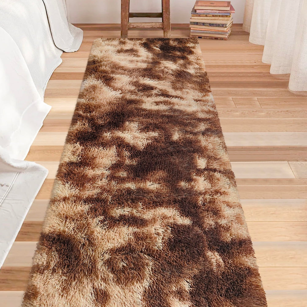 JiaoBaba Super Soft Fluffy Living Room Area Rug 2x8 ft Tie-Dyed Brown Shaggy Furry Carpet Washable Non-Slip Floor Rugs Bedroom Bedside Nursery Rug Fuzzy Girls Boy Dorm Home Decor Aesthetic