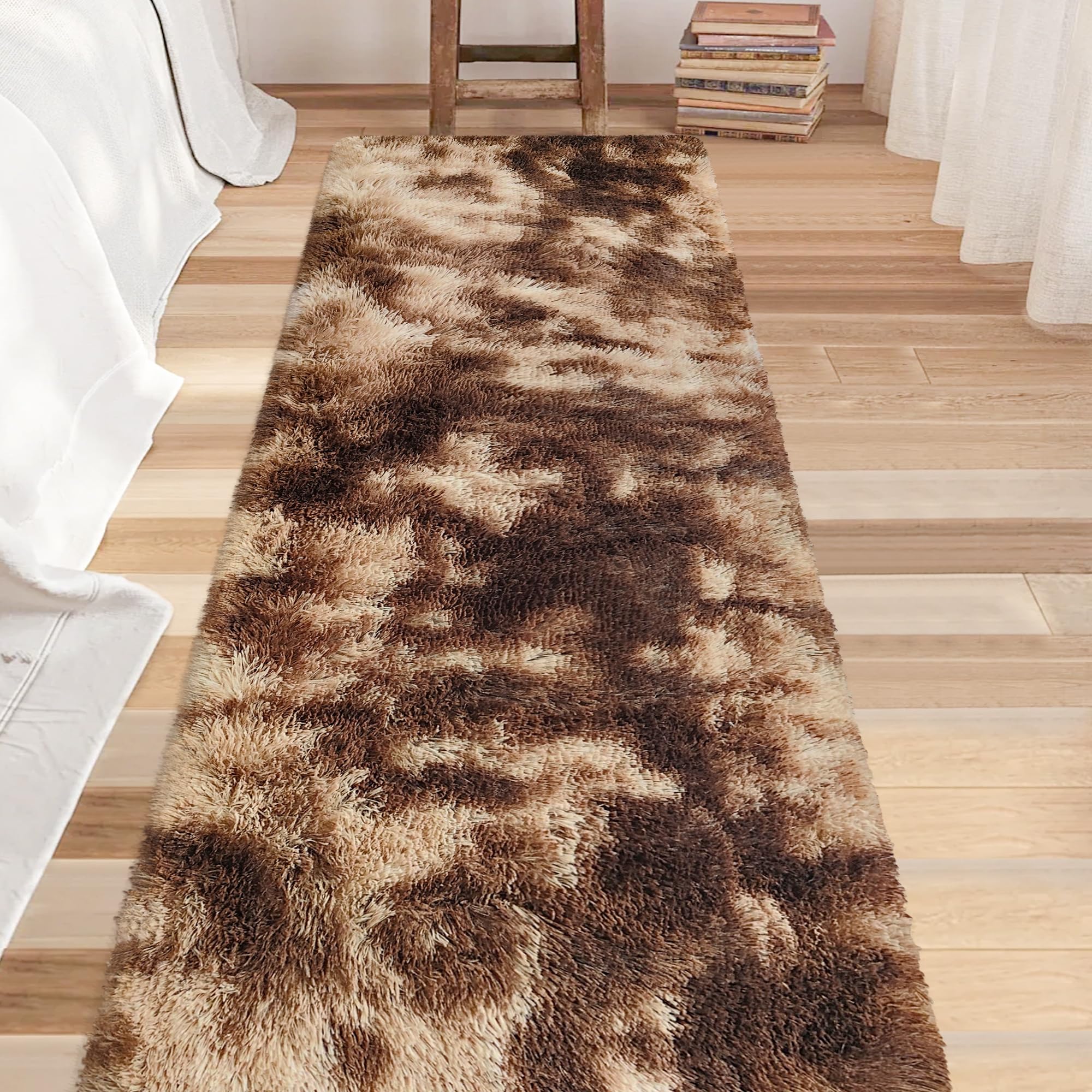 JiaoBaba Super Soft Fluffy Living Room Area Rug 2x8 ft Tie-Dyed Brown Shaggy Furry Carpet Washable Non-Slip Floor Rugs Bedroom Bedside Nursery Rug Fuzzy Girls Boy Dorm Home Decor Aesthetic