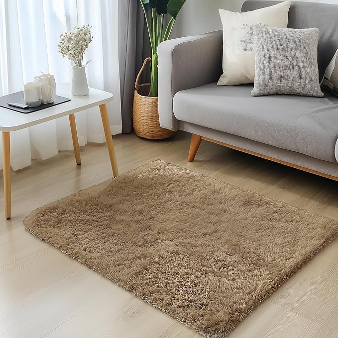 OLANLY 3x5 Machine Washable Small Bedside Rug, Soft Fluffy Shaggy Rugs for Living Room, Bedroom, Indoor Floor Carpet for Kids Girls and Boys, Preppy Dorms, Nursery, Home Decor Aesthetic, Taupe