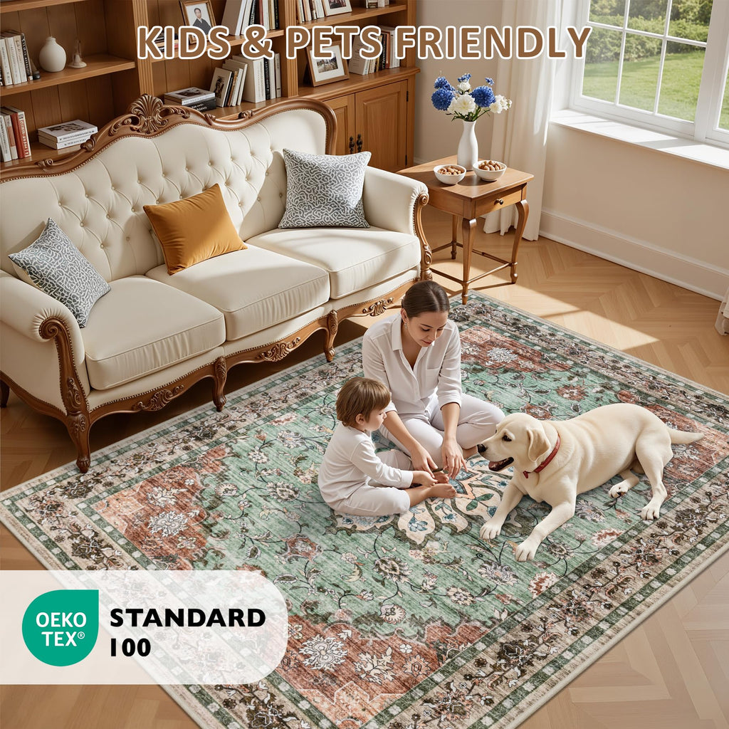 ExpediX 10x14 Area Rugs Living Room: Washable Rug for Bedroom Brown Green