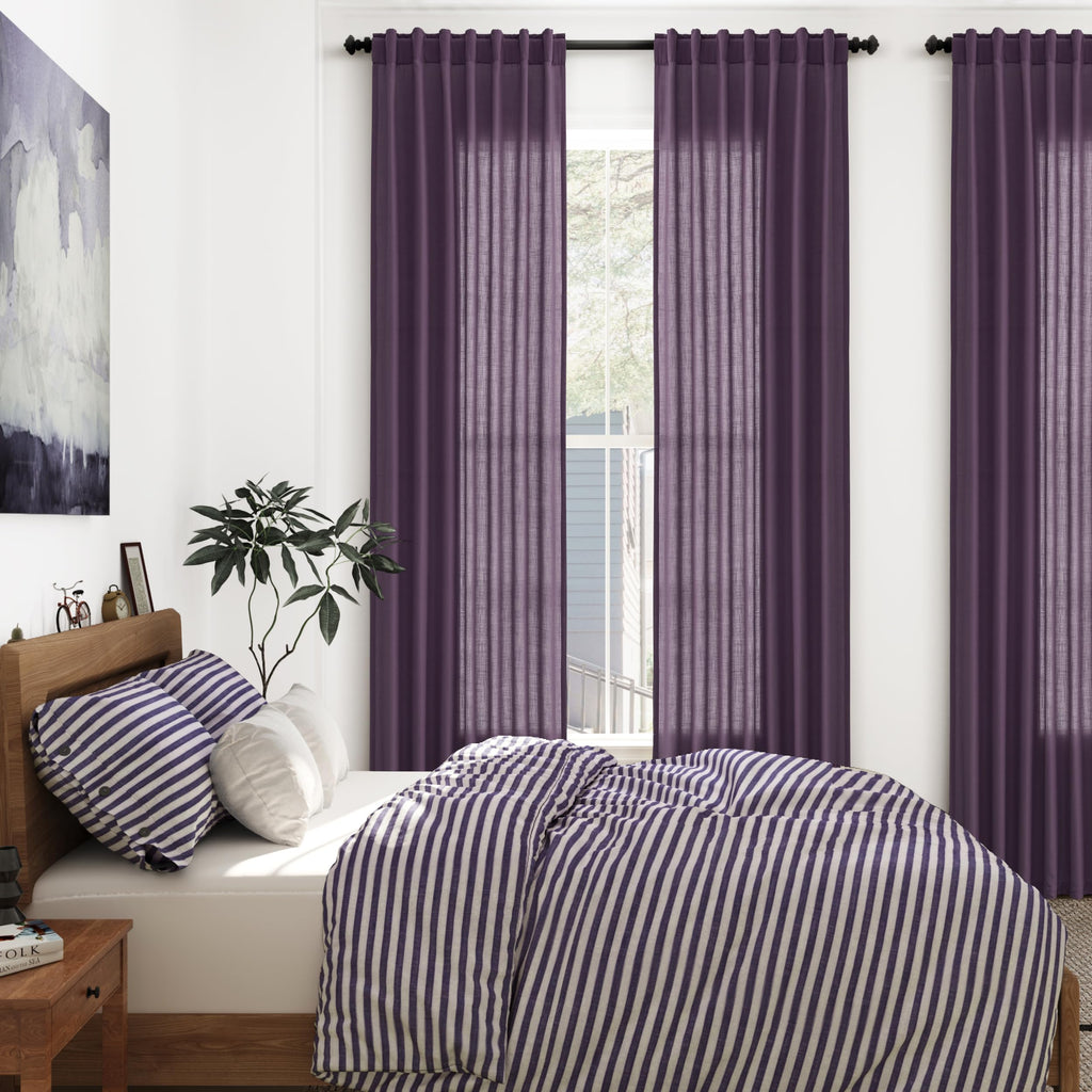 Extra Long Plum Linen Curtains 120 Inch for Living Room 2 Panels Set Rod Pocket Back Tab Linen Window Drapes Semi Sheer Light Filtering Privacy High Ceiling Drapes for Farmhouse 52x120