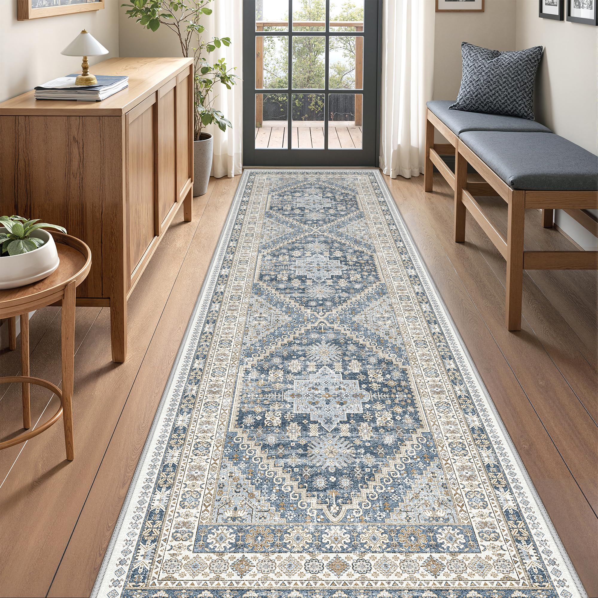 Restydon 3x10 Runner Rug Non Slip Washable Hallway Runner, Blue/Beige