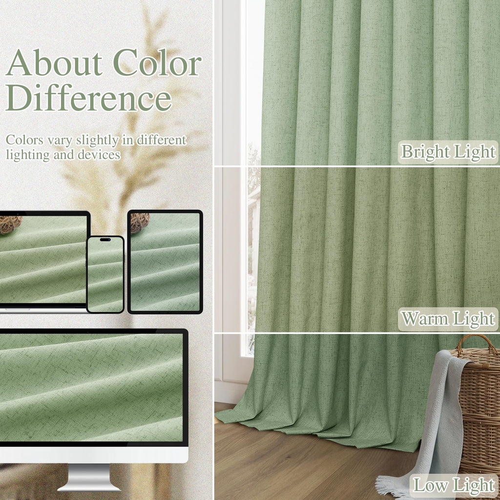 Guken 100% Blackout Linen Curtains 84 Inch Length 2 Panels Set for Living Room Bedroom Back Tab Thermal Insulated Black Out Linen Drapes Room Darkening Window Curtains 84 Inches Long,Light Sage