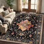 Area Rugs 5'x7' Washable Non-Slip, Floral Vintage Distress Print Pattern Medallion Carpet for Living Room Bedroom Dining Room, Black Colorful Floral Dark Tan