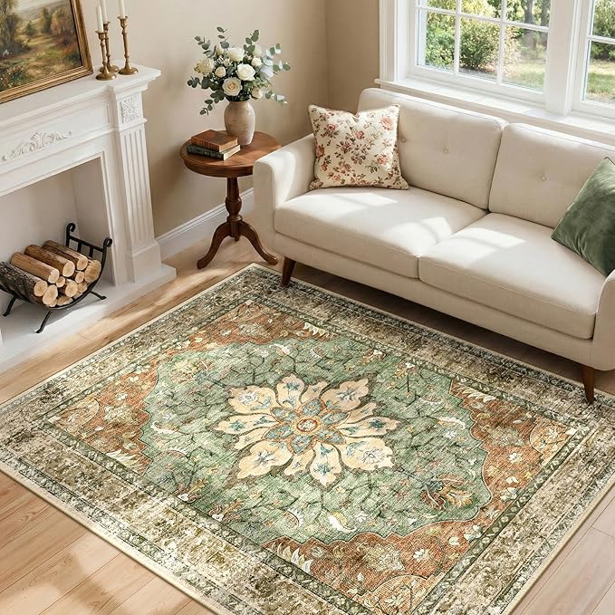 RELEANY Washable Area Rug, 4'x6', Brick/Brown/Green