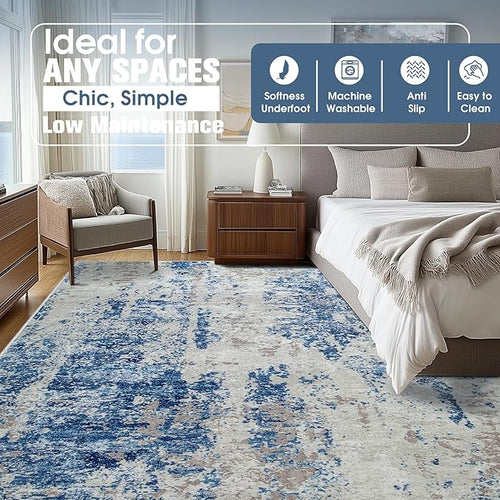 10x14 Area Rugs for Living Room Washable Dining Room Blue Grey White