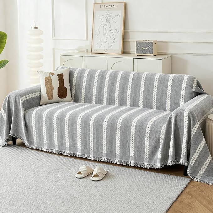 KaviKon Couch Cover for Dogs, Boho Sofa Covers for 3 Cushion Couch, Chenille Sofa Slipcover for Pets Washable, L-Shape Sectional Loveseat Cover Soft Throw Blankets with Tassels(71x134,Striped Grey)
