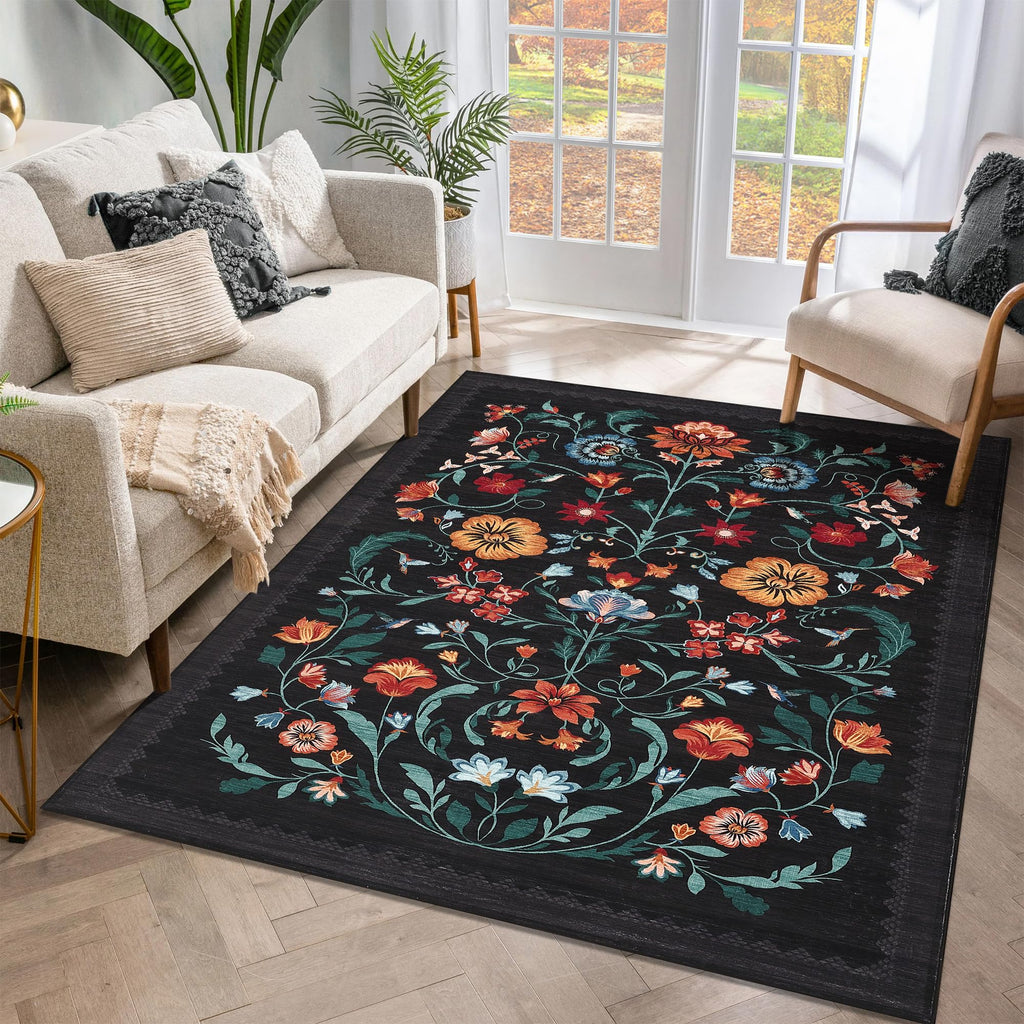 GarveeHome Washable Rug 4x6 Area Rugs for Living Room, Floral Rug for Bedroom, Soft Boho Non Slip Throw Rugs with Rubber Back, Low Pile Stain Resistant Vintage Floral Carpet for Dining Room, Black