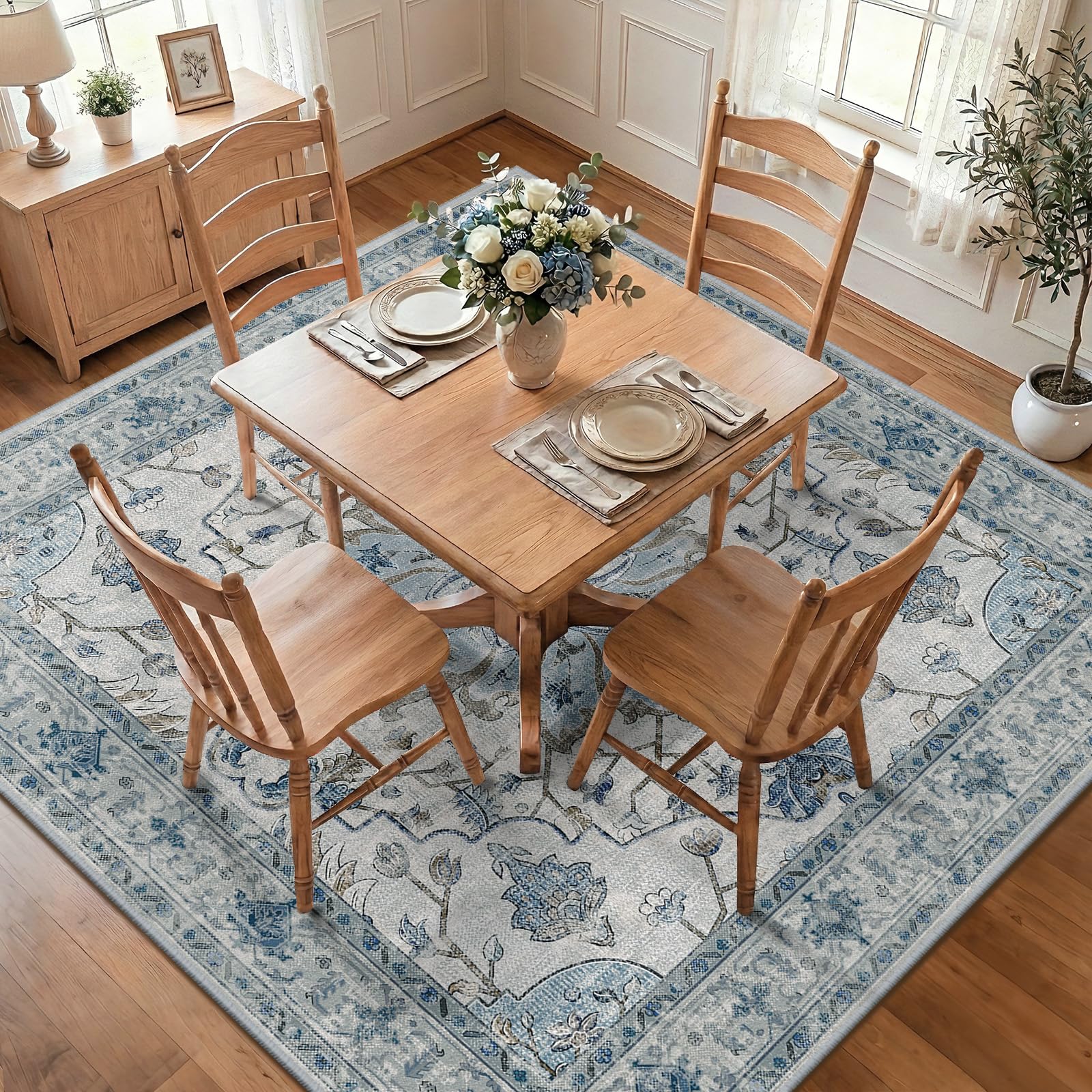 RELEANY Washable Area Rug, Square 7'x7', Blue/White/Gray