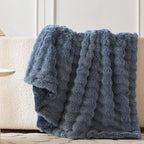 COOVA Faux Fur Throw Blanket for Couch, Cozy Soft and Fuzzy Plush Rabbit Fur Bubble Blanket for Sofa Bedroom Living Room, 60x80 Inches Cationic Dark Blue