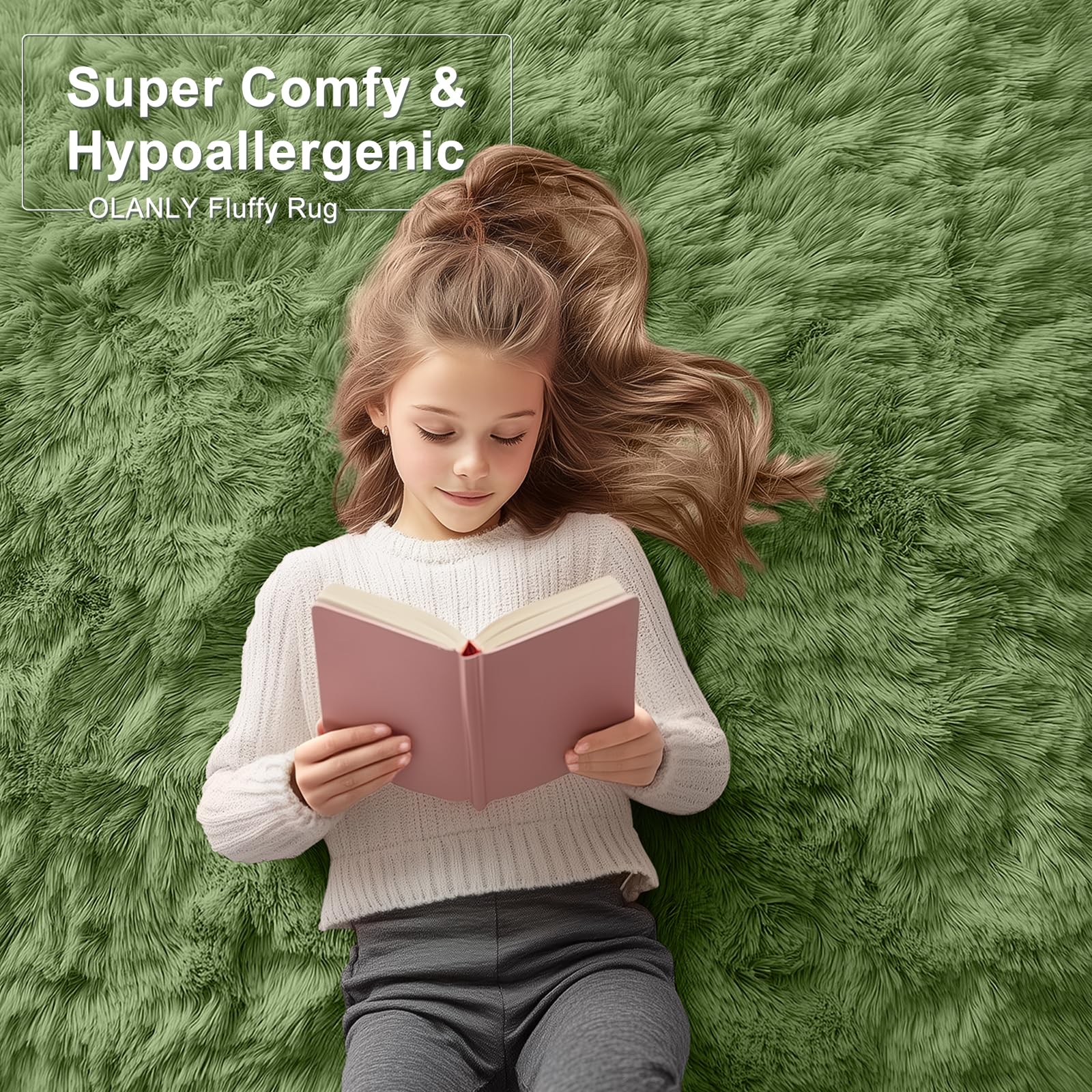 OLANLY Area Rugs for Living Room Bedroom, Machine Washable 4x5.9 ft Soft Fluffy Shaggy Bedside Rug, Indoor Floor Carpet for Kids Girls and Boys, Dorms, Nursery Rooms, Home Decor Aesthetic, Green