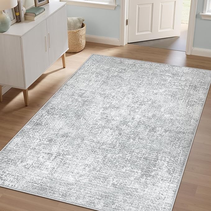 PureCozy 4x6 Area Rug Washable Vintage Entryway Living Room Carpet Indoor Office Non Slip Grey Entrance Distressed Low Pile Retro Accent Throw Rug for Dining Room Bathroom Bedroom Laundry